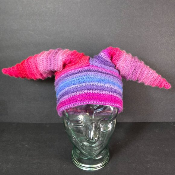 Handmade FaeFoolery Wool Crochet Cosplay Hat Cap Pink Purple Rainbow Stripes NEW - Picture 2 of 8